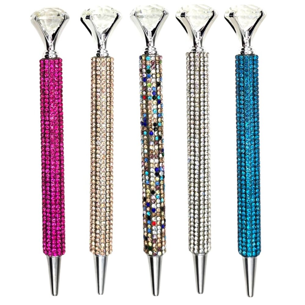 🟢 5️⃣ Pack Bling Rhinestone Crown Assorted Ballpoint Pens